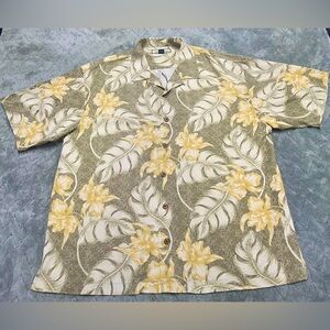 Tommy Bahama Olive Green & Yellow Floral Camp Shirt 100% silk
